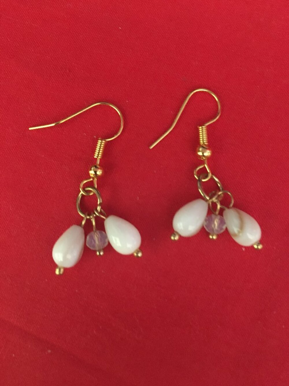 Gold & White Teardrop Dangle Earrings– Hypoallergenic Hooks
